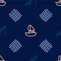 Set line Fishing rod, net pattern and Yacht sailboat on seamless pattern. Vector Royalty Free Stock Photo