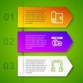 Set line Fitness mat roll, Barbell and Headphones. Business infographic template. Vector