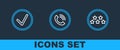 Set line Five stars rating review, Check mark circle and Phone call icon. Vector