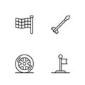 Set line Flag, Car wheel, Checkered flag and Medieval arrows icon. Vector