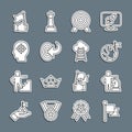 Set line Flag, Chess, Planet with flag, Target, Head hunting, Hand holding and Stair finish icon. Vector