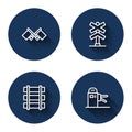 Set line Flag, Railroad crossing, Railway, railroad track and Turnstile with long shadow. Blue circle button. Vector Royalty Free Stock Photo