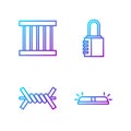 Set line Flasher siren, Barbed wire, Prison window and Safe combination lock. Gradient color icons. Vector Royalty Free Stock Photo