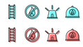 Set line Flasher siren, Fire escape, No fire and Firefighter helmet icon. Vector