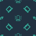 Set line Flasher siren, Laptop and Drone flying on seamless pattern. Vector