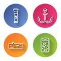 Set line Flashlight, Anchor, Wooden log and City map navigation. Color circle button. Vector