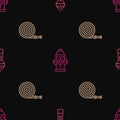 Set line Flashlight, Fire hose reel and hydrant on seamless pattern. Vector
