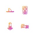 Set line Flashlight, Octopus, Shark fin in ocean wave and Gauge scale. Gradient color icons. Vector