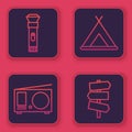 Set line Flashlight, Radio with antenna, Tourist tent and Road traffic signpost. Blue square button. Vector