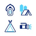 Set line Flashlight, Tourist tent, and Canteen water bottle icon. Vector