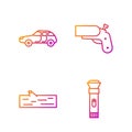 Set line Flashlight, Wooden log, Car and Flare gun pistol. Gradient color icons. Vector