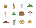 Set of line flat colorful beer icons. Oktoberfest icons of beer mug, barrel, hop, pretzel, sausage and more. - Vector illustration Royalty Free Stock Photo