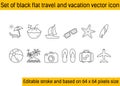 Set of line flat travel and vacation vector icons. Palm tree, sailing ship, beach ball, camera, surfing board, sunglasses icon Royalty Free Stock Photo