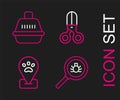 Set line Flea search, Location pet grooming, Scissors hairdresser and Pet carry case icon. Vector Royalty Free Stock Photo