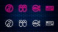 Set line Flip flops, Spa salon, Yin Yang and Towel stack. Glowing neon icon on brick wall. Vector