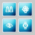 Set line Flippers for swimming, Coral, and Diving watch icon. Vector