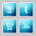 Set line Flippers for swimming, Diving knife, Wetsuit scuba diving and Shark icon. Vector
