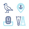 Set line Flippers for swimming, Location with anchor, and Bird seagull icon. Vector