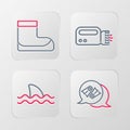 Set line Flippers for swimming, Shark, Flashlight diver and Boots icon. Vector