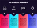 Set line Flippers for swimming, Wetsuit scuba diving, Photo camera diver and Diving watch. Business infographic template