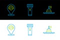 Set line Floating buoy on the sea, Scallop shell and Flashlight icon. Vector