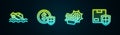 Set line Flood car, Money with shield, Car accident and Delivery security. Glowing neon icon. Vector