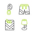 Set line Floor lamp, Cigarettes pack box, Short pants and Ear with earring icon. Vector Royalty Free Stock Photo