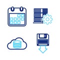 Set line Floppy disk backup, Cloud database, Server setting and Calendar icon. Vector Royalty Free Stock Photo