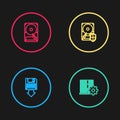 Set line Floppy disk backup, Server setting, Hard drive HDD protection and icon. Vector Royalty Free Stock Photo