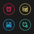 Set line Floppy disk, Calendar and clock, Database protection and Alarm icon. Vector Royalty Free Stock Photo