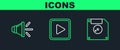 Set line Floppy disk for computer data storage, Speaker volume and Play in square icon. Vector Royalty Free Stock Photo