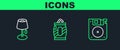 Set line Floppy disk, Floor lamp and Soda can with straw icon. Vector