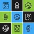 Set line Floppy disk, Music CD player and Old mobile phone icon. Vector