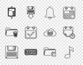 Set line Floppy disk, Music note, tone, Ringing bell, Retro flip clock, IV bag, Calendar with check mark, Delete folder