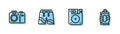 Set line Floppy disk, Photo camera, Short or pants and Soda can with straw icon. Vector
