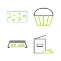 Set line Flour pack, Electronic scales, Muffin and Cheese icon. Vector