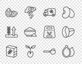Set line Flour pack, Pumpkin seeds, truck, Sprout, Seed, bowl, Measuring cup with flour and Coffee beans icon. Vector