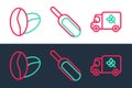 Set line Flour truck, Coffee beans and Scoop flour icon. Vector