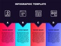 Set line Flowchart, Page with 404 error, MySQL code and Browser setting. Business infographic template. Vector Royalty Free Stock Photo