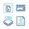 Set line Flowchart, Processor with microcircuits CPU, Keyboard and Software icon. Vector