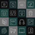 Set line Flowchart, Software, Coffee cup to go, Binary code, Programming language syntax, Server, Data, Web Hosting Royalty Free Stock Photo