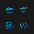 Set line Flower, Apple in the sack, Fresh grass rectangular and Wheelbarrow with dirt. Gradient color icons. Vector