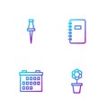 Set line Flower in pot, Calendar, Push pin and Spiral notebook. Gradient color icons. Vector