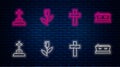 Set line Flower rose, Christian cross, Grave with and Coffin dead. Glowing neon icon on brick wall. Vector Royalty Free Stock Photo