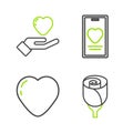 Set line Flower rose, Heart, Online dating app and chat and hand icon. Vector