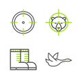 Set line Flying duck, Hunter boots, on bear with crosshairs and Target sport for shooting competition icon. Vector Royalty Free Stock Photo