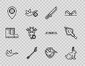 Set line Flying duck, Rabbit, Hunter knife, Flame arrow, place, on deer with crosshairs, shield and Hipster tip icon