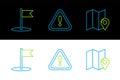 Set line Folded map with location marker, Flag and Exclamation in triangle icon. Vector