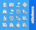 Set line Folded map with location marker, Flag, Laptop, and Map pointer house icon. Vector