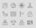 Set line Folded map with location marker, Gps device, Wind rose, Map pin, and icon. Vector